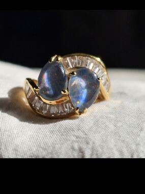 Toi Et Moi Opal Ring Gold Over Sterling 925 CZ Baguette Statement Vintage Style